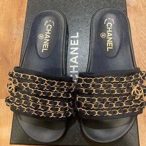 CHANEL Navy and Gold Chain Slide Sandals